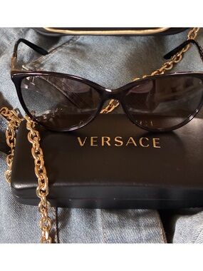 Versace Black Sunglasses with Gold Tone Accents & Logo